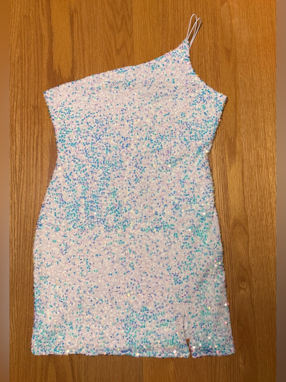 Sequin One-Shoulder Mini Dress in Iridescent White